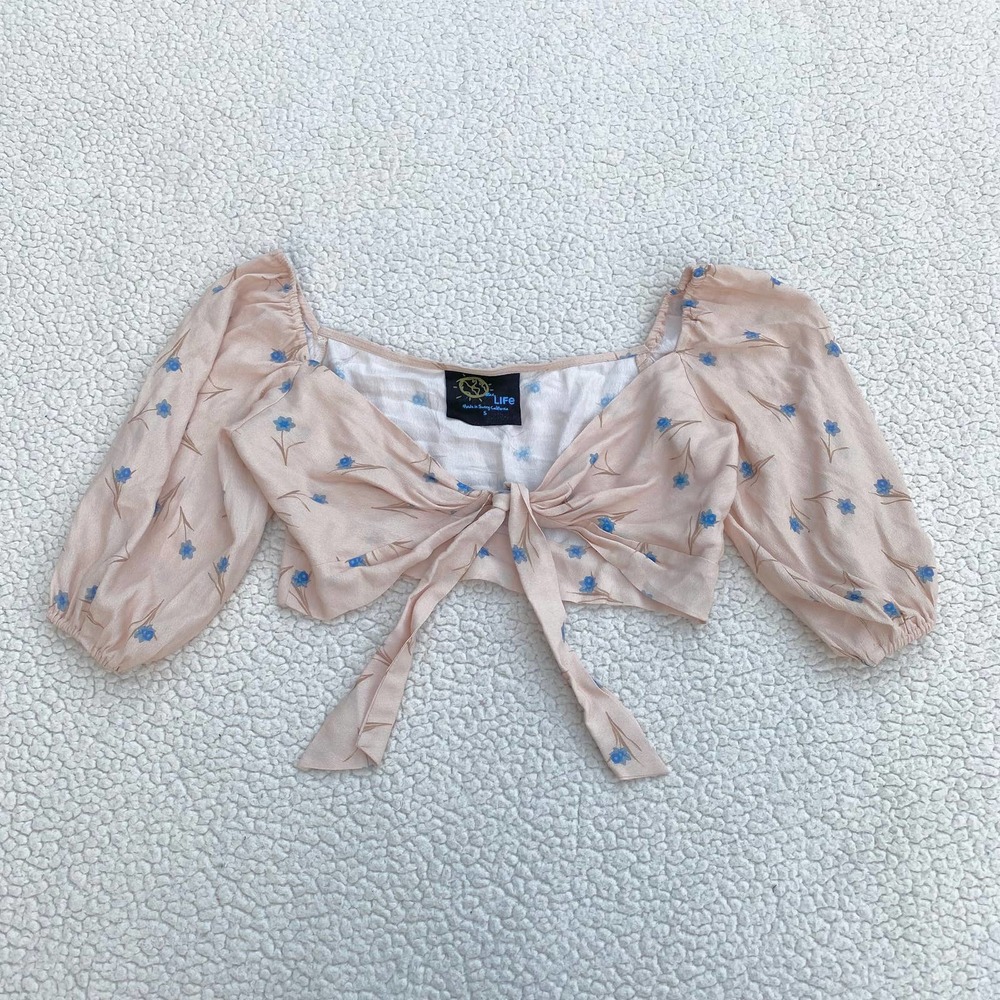 Planet Blue Floral Front Tie Balloon Sleeve Shirt NWOT
